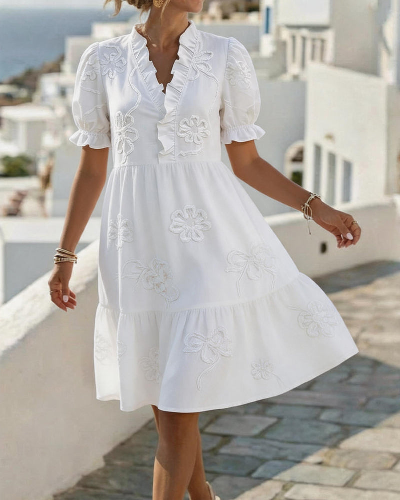 Blossom | Embroidered Ruffle V-Neck Puff Sleeve Dress