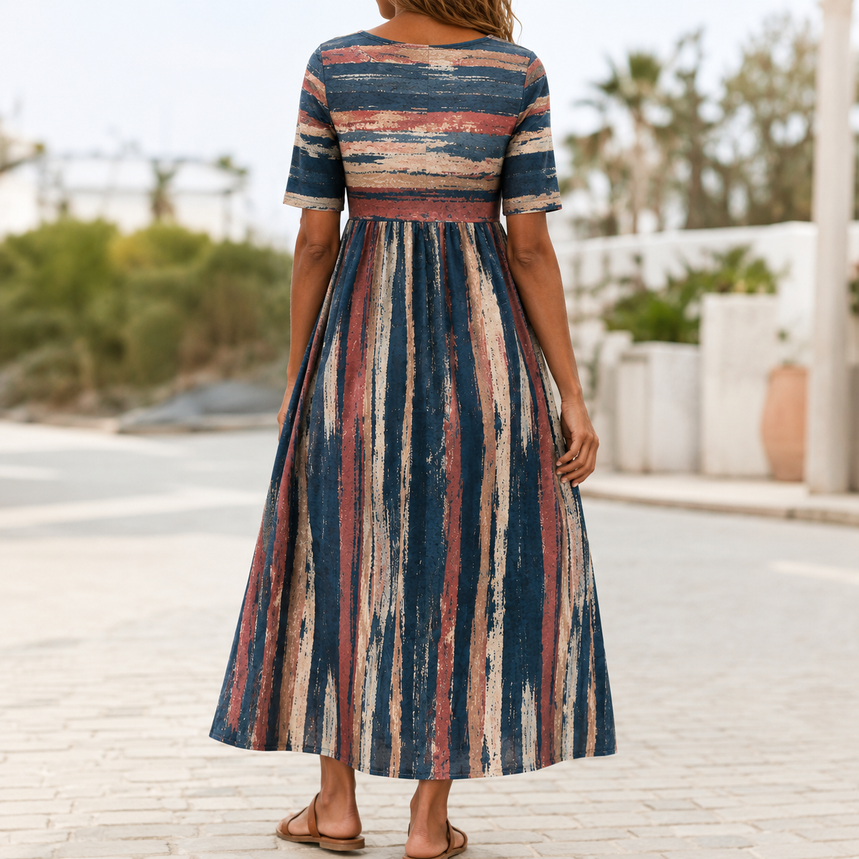 HOLLY | ELEGANT STRIPED TUMMY-COVERAGE MIDI DRESS