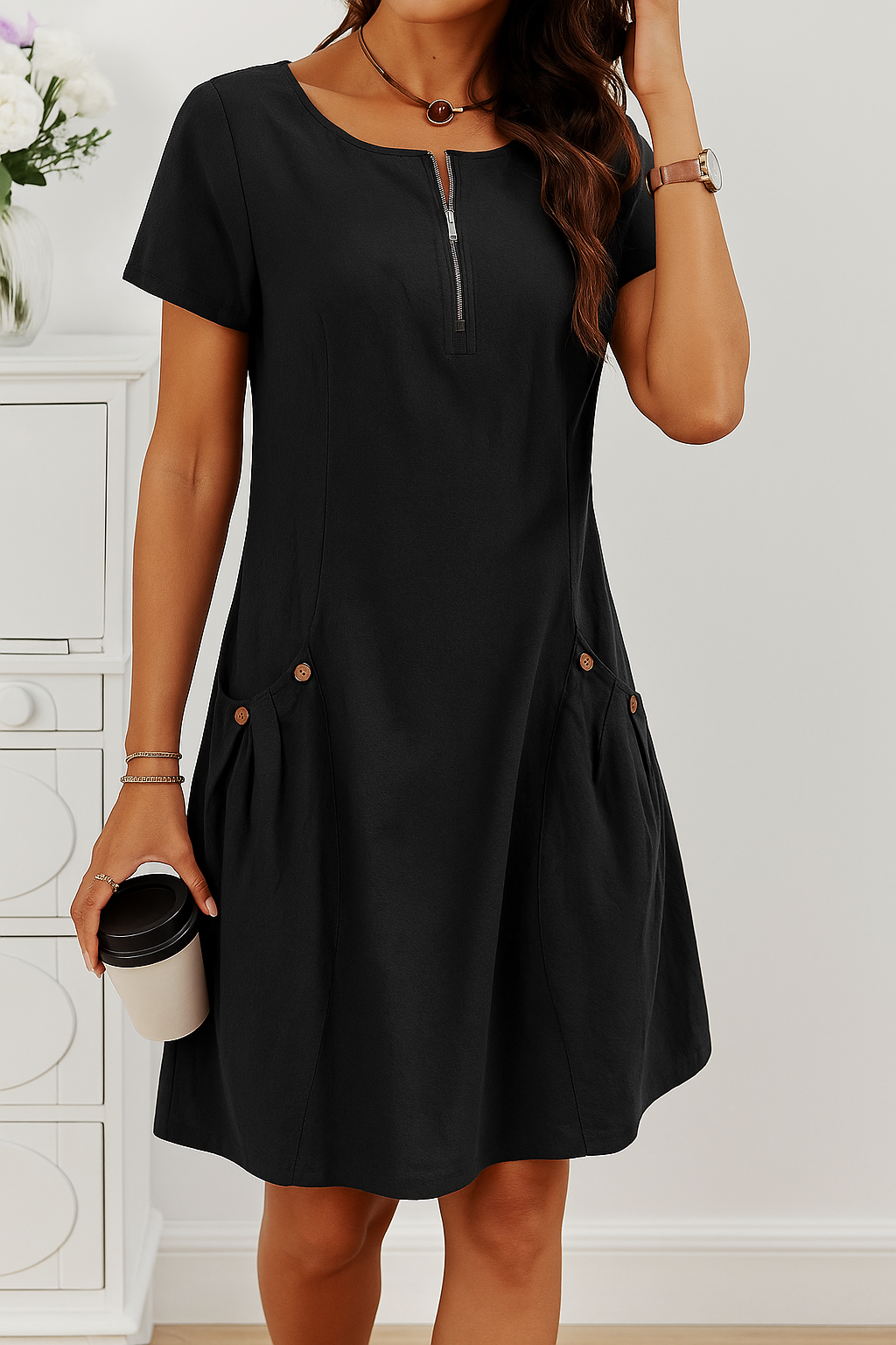 Relaxed  Midi Dress with Half Zip and Side Pockets