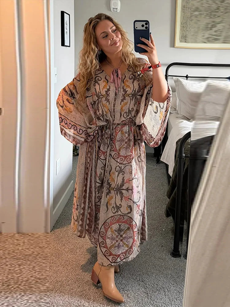Vivienne | Printed V-Neck Batwing Maxi Dress