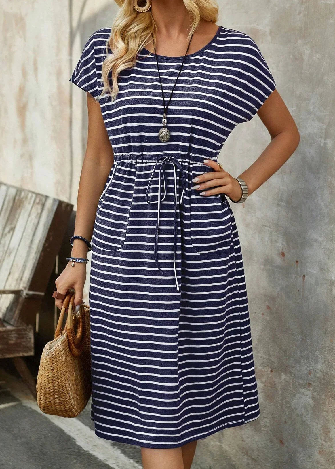 Sylvie | Blue Striped Tie-Waist Midi Dress