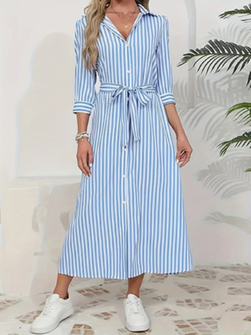 Odette | Blue Striped Button-Front Midi Shirt Dress