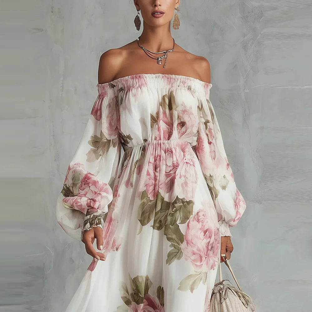 Peonia | Floral Maxi Dress with Off-Shoulder Neckline and Long Sleeves
