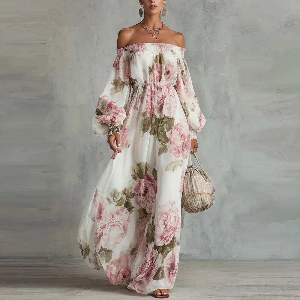Peonia | Floral Maxi Dress with Off-Shoulder Neckline and Long Sleeves