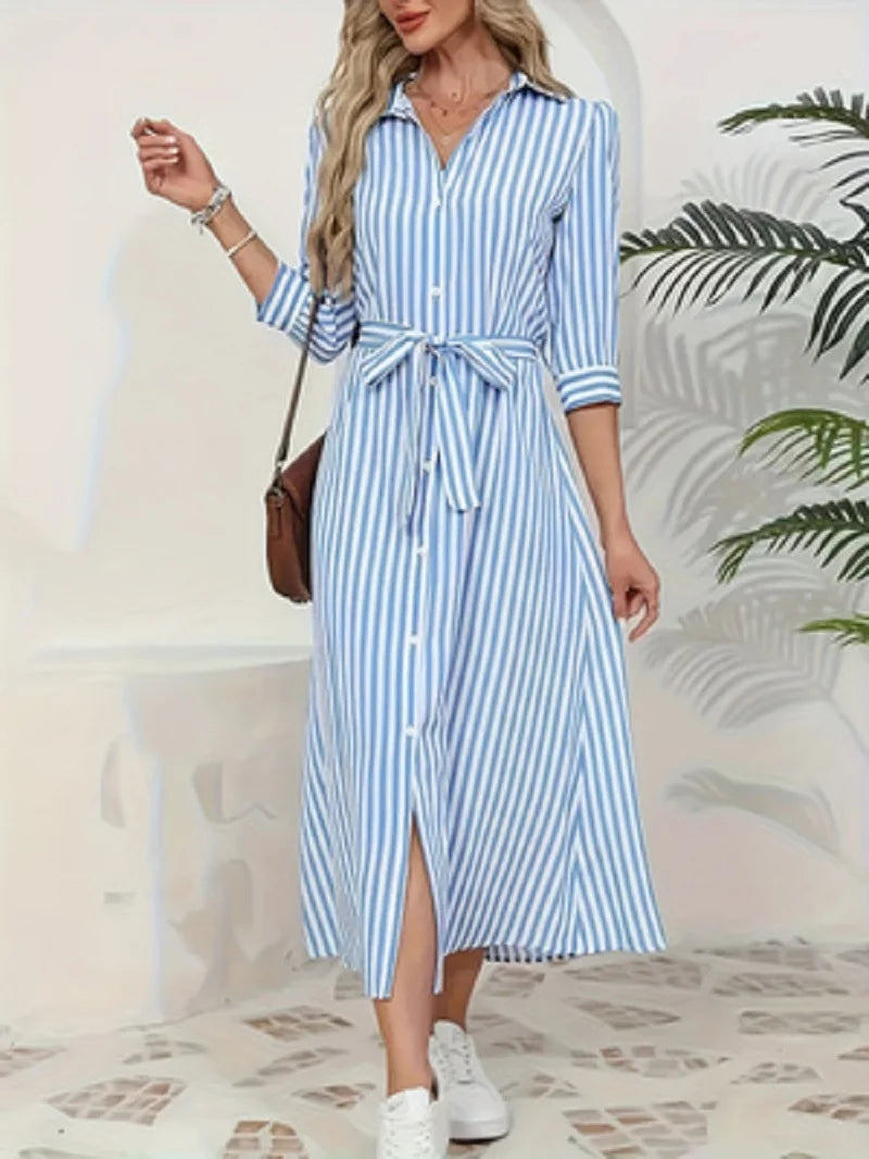 Odette | Blue Striped Button-Front Midi Shirt Dress