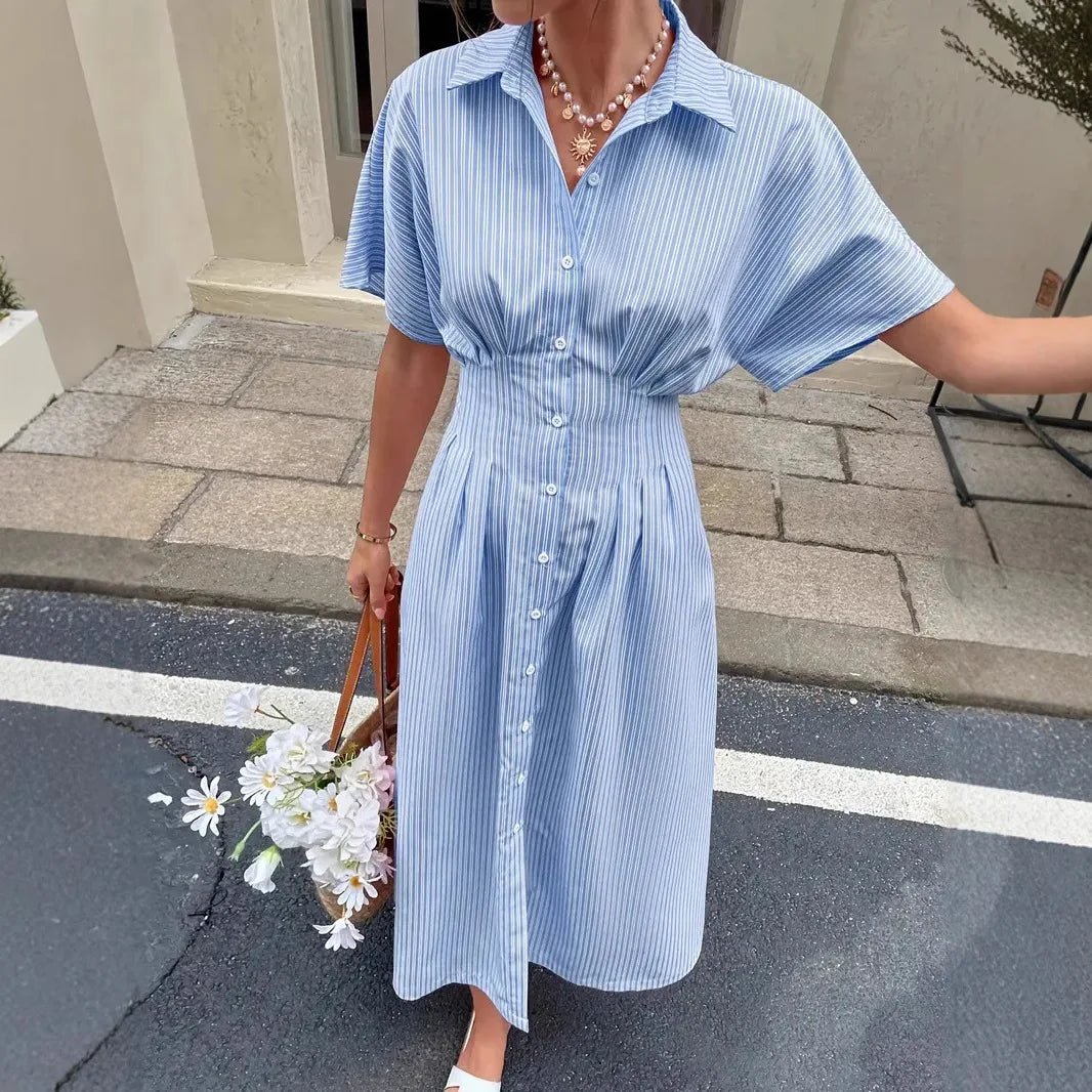 Delphine | Striped Pleated-Waist Shirt Dress