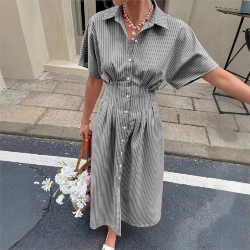 Delphine | Striped Pleated-Waist Shirt Dress