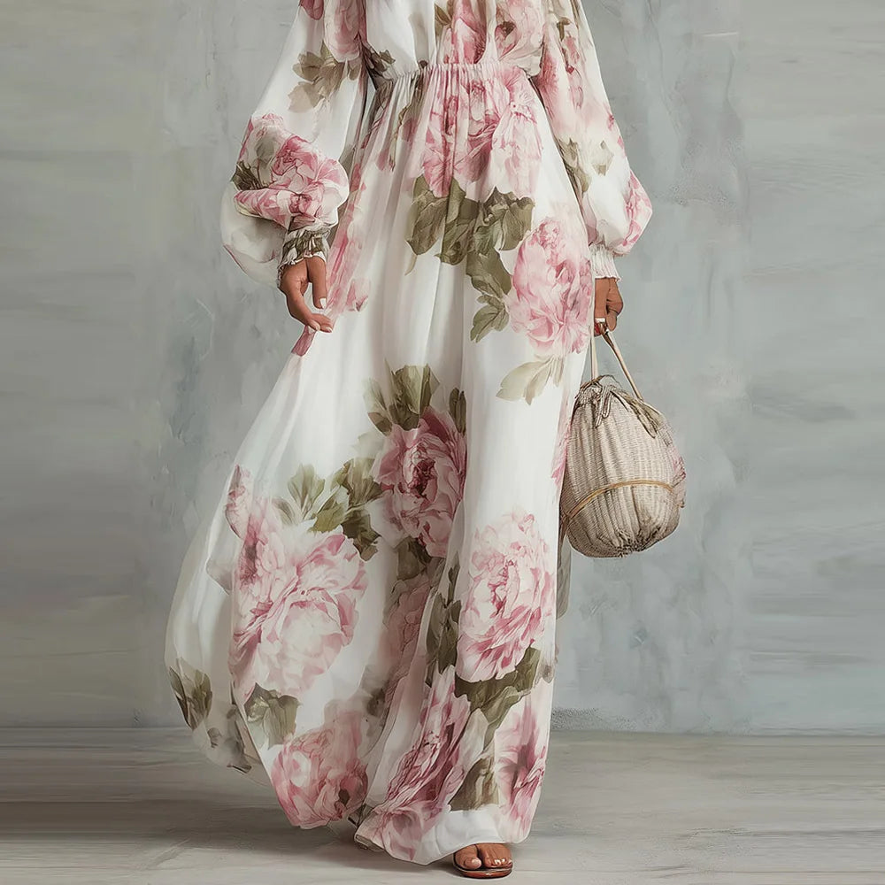 Peonia | Floral Maxi Dress with Off-Shoulder Neckline and Long Sleeves