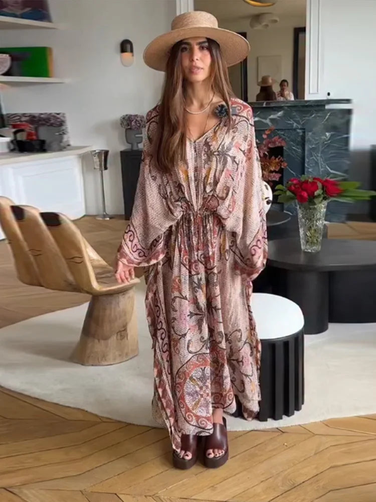 Vivienne | Printed V-Neck Batwing Maxi Dress