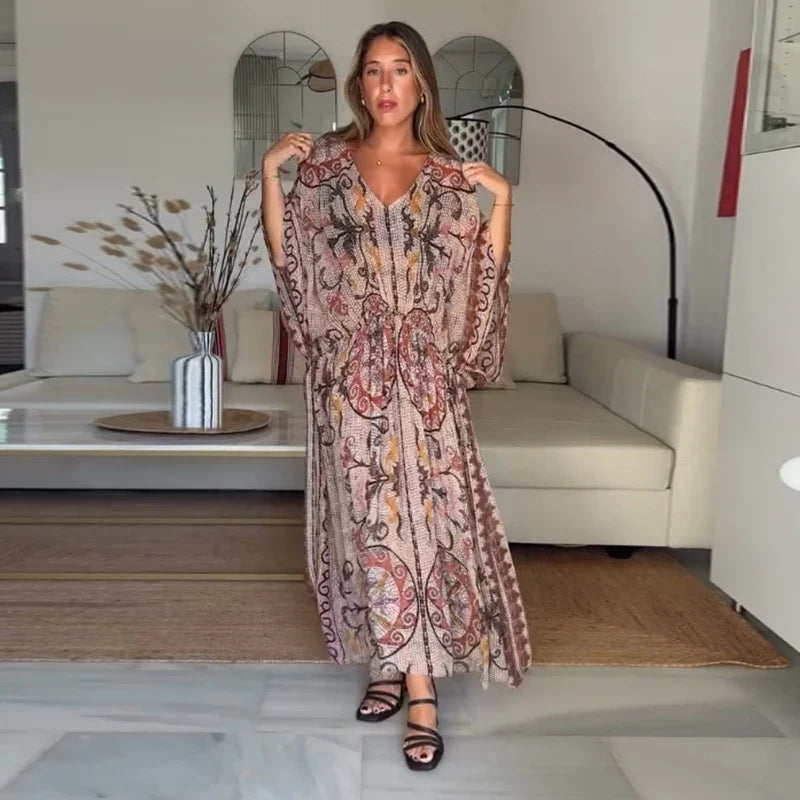 Vivienne | Printed V-Neck Batwing Maxi Dress