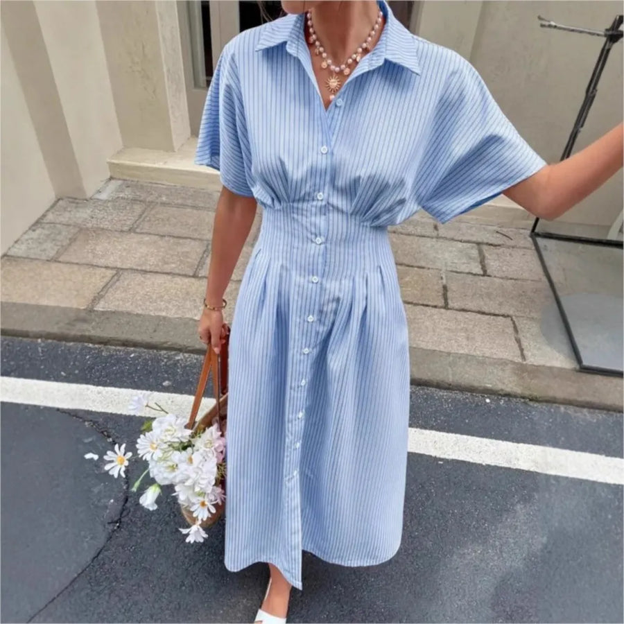Delphine | Striped Pleated-Waist Shirt Dress
