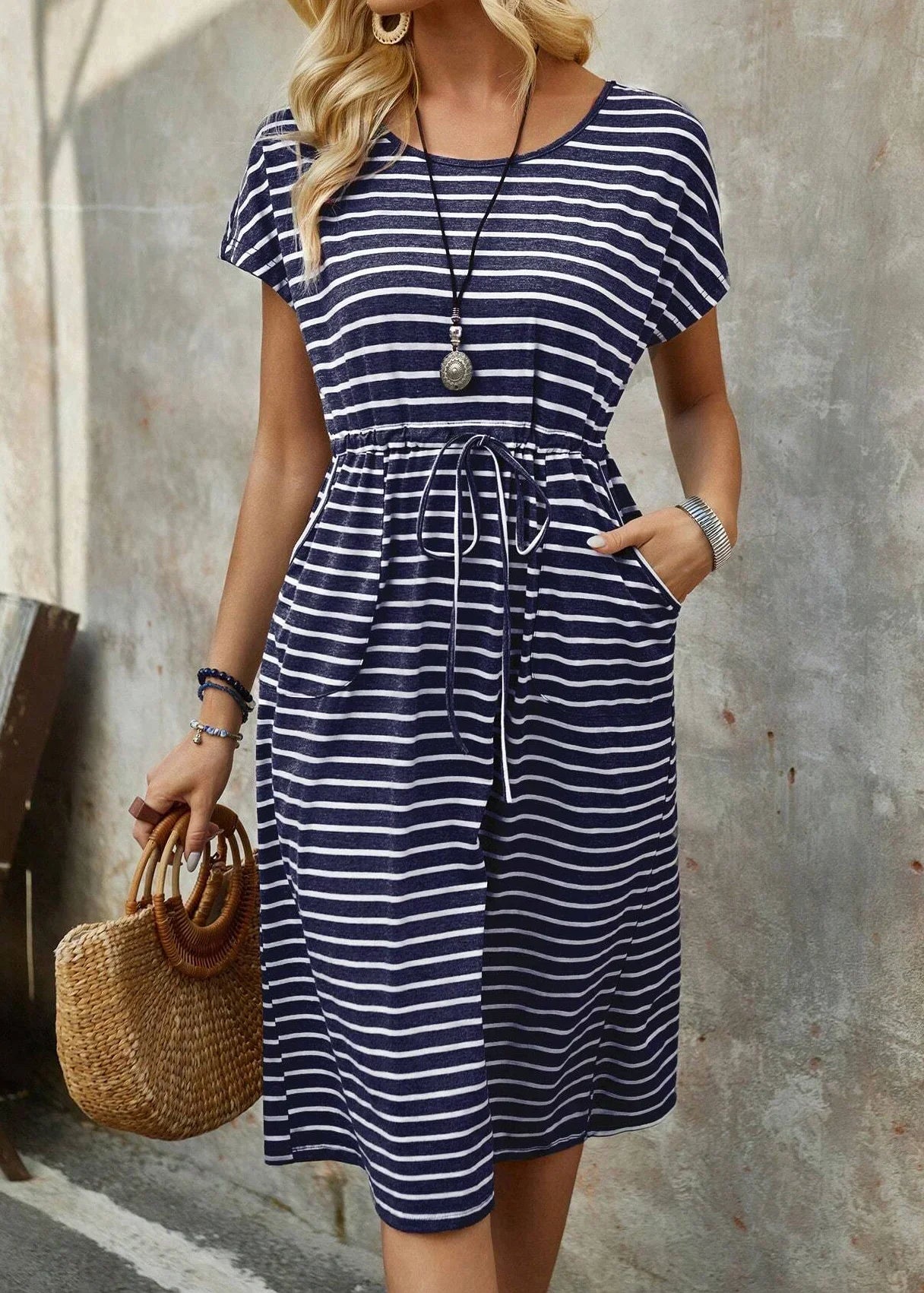 Sylvie | Blue Striped Tie-Waist Midi Dress