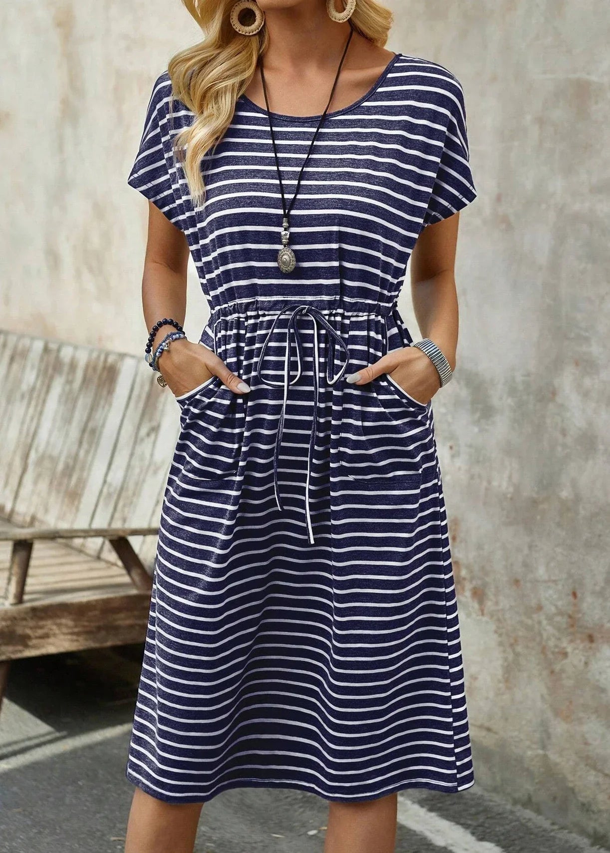 Sylvie | Blue Striped Tie-Waist Midi Dress