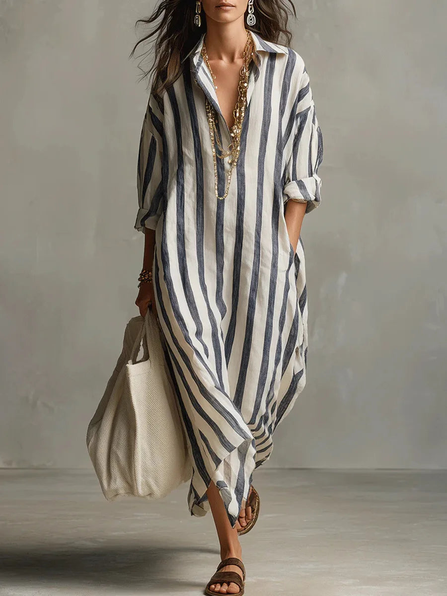 Scout | Striped Shirt Maxi Dress with Long Sleeves and Side Pockets