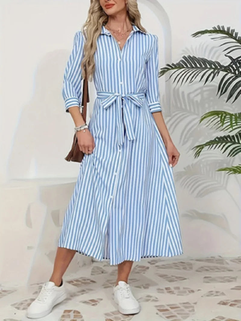 Odette | Blue Striped Button-Front Midi Shirt Dress
