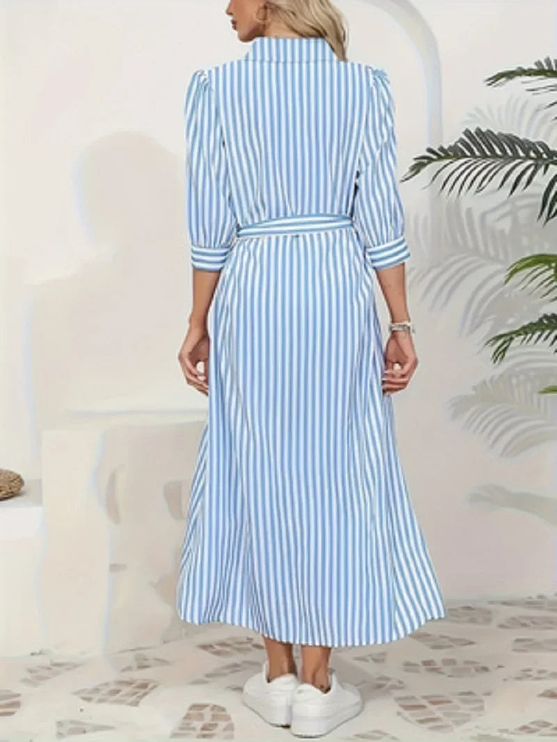 Odette | Blue Striped Button-Front Midi Shirt Dress